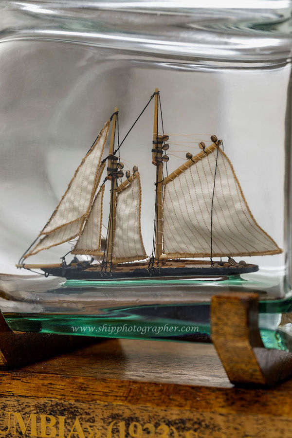 Image of Schooner Columbia (1923) A model-in-bottle made from drawings (Scale 1:640)